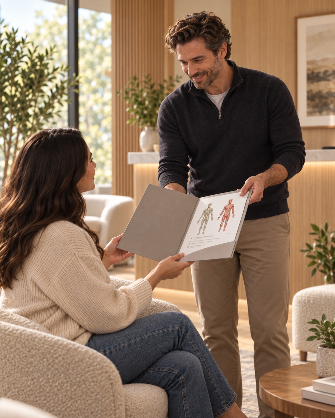 The clinician hands his patient an anatomy printout in a practice folder, in the warm lounge of the chiropractic practice.